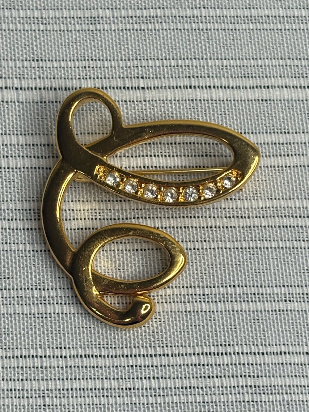 Gold-tone Letter C Brooch with Rhinestone Accent